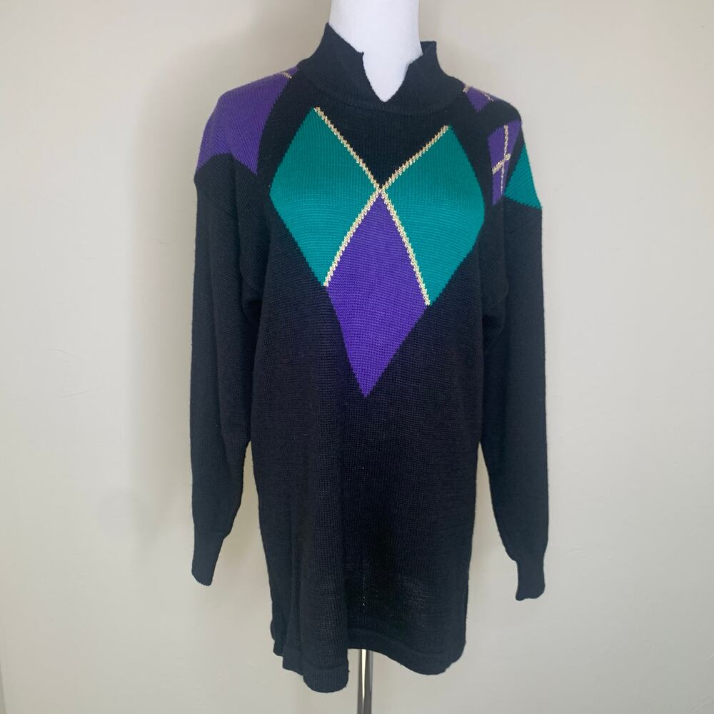 Vintage Black Purple Green Gold Diamond Sweater Sz Medium
